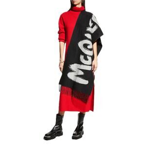 NWT Alexander McQueen Logo Graffiti Graphic Wool Scarf Black White